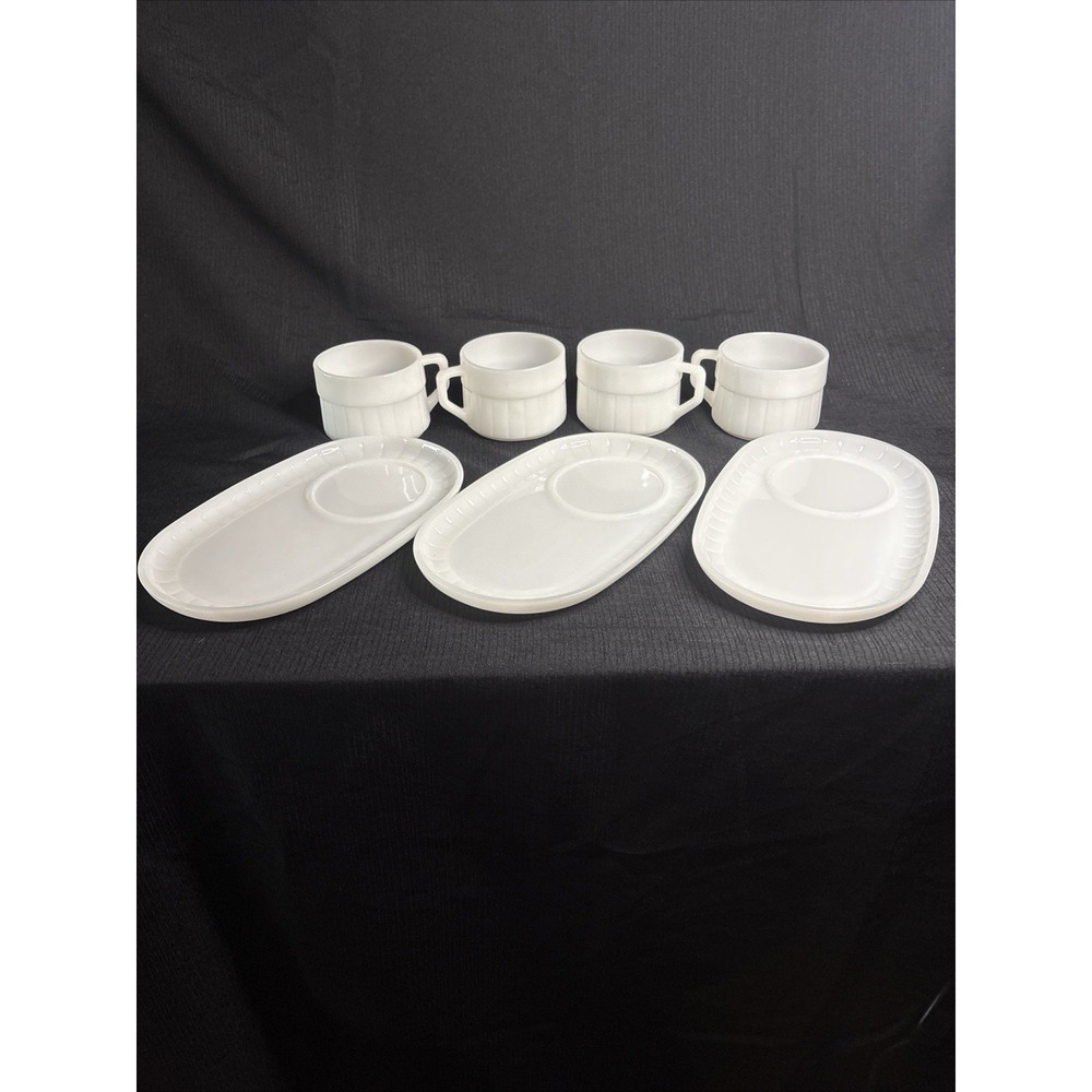 Vtg Federal Milk Glass Mug Stackable Retro Coffee Cup White Ribbed 7pc Set